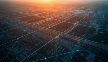 Aerial view of an energy grid and power infrastructure at golden hour