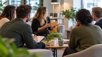 A group of people all sitting and listening to one another