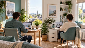Two colleagues working from different remote settings