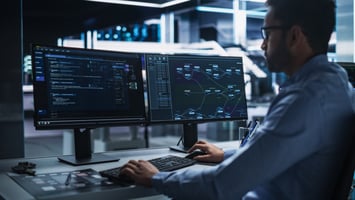 A man sitting behind two monitor screens assessing some code